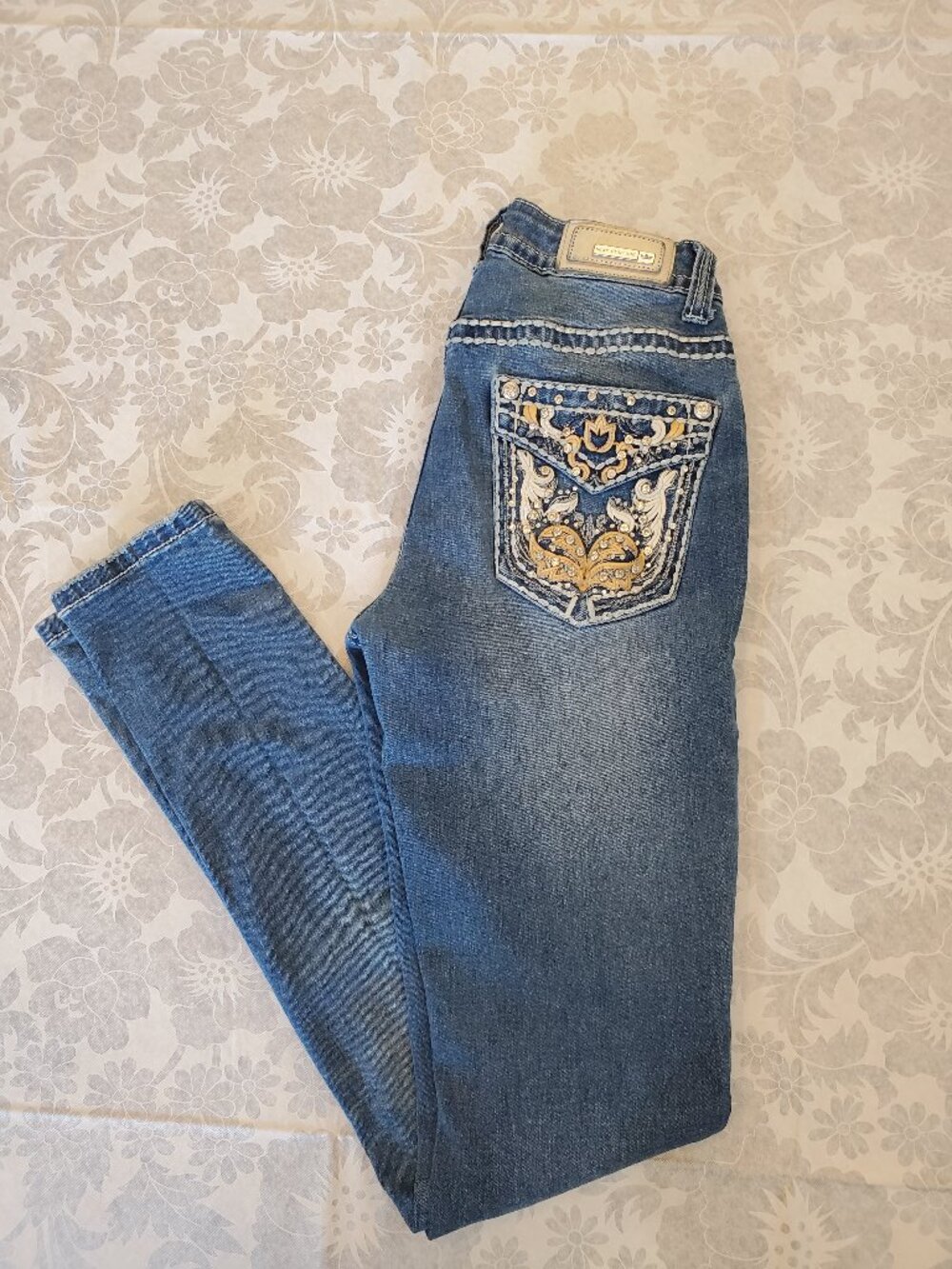 Sexy Couture Bling Embellished Pockets Thick Stitch Skinny Jeans Size 0 Boho